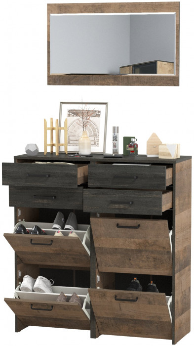 Трувор 13.241.06 Тумба для обуви + 13.241.06 Тумба для обуви + 15.30 Зеркало, цвет дуб гранж песочный/интра, ШхГхВ 100х37х195 см.