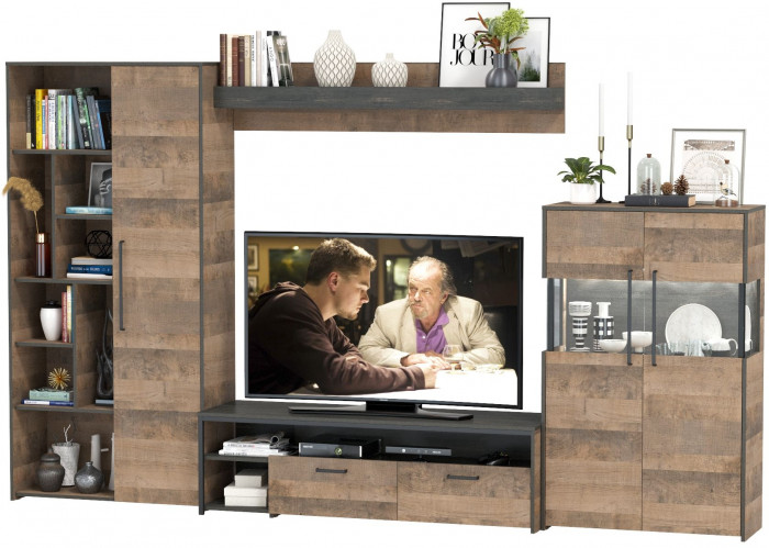 Трувор Гостиная 061, цвет дуб гранж песочный/интра, ШхГхВ 328,6х45,4х194,2 см., универсальная сборка