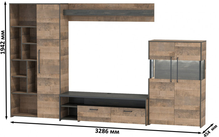 Трувор Гостиная 061, цвет дуб гранж песочный/интра, ШхГхВ 328,6х45,4х194,2 см., универсальная сборка