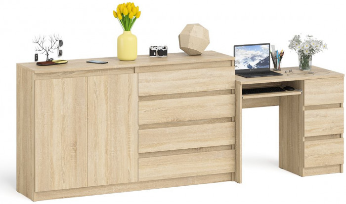Мори Стол компьютерный МС-6 правый + Комод МК1600.1, цвет дуб сонома, ШхГхВ 250,4х50х94 см., выдвижные ящики справа, НЕ универсальная сборка