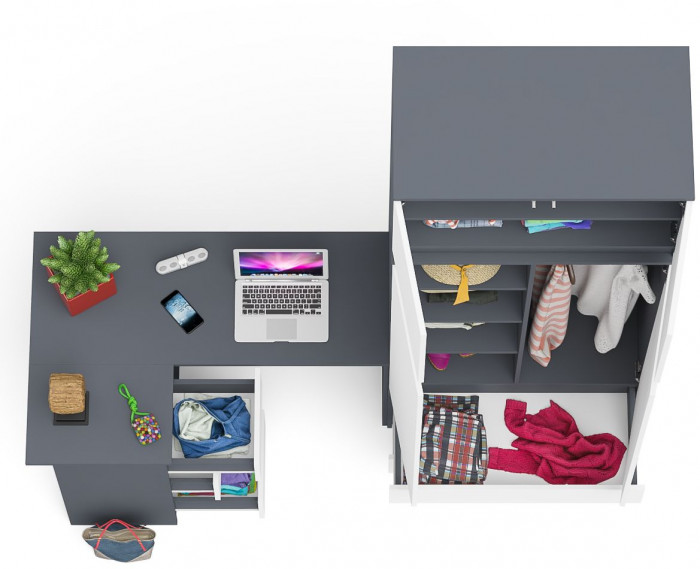 Мори компьютерный стол МС-16 левый + Шкаф МШ900.1 + Антресоль МА900.1, графит/белый