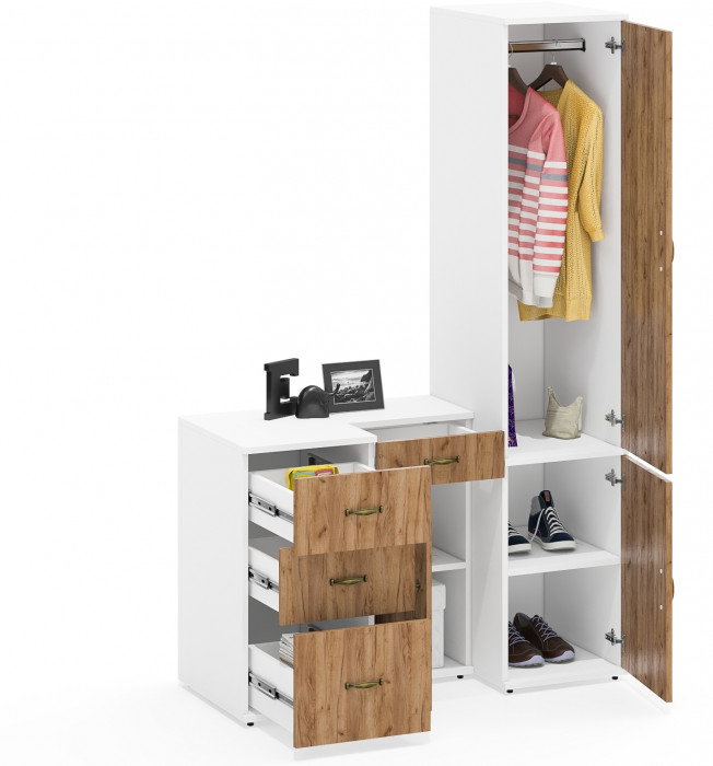 Лидер-8 Пенал МД 23Б + Тумба МД 3.15 + Тумба МД 3.16, цвет белый шагрень/крафт золото, ШхГхВ 120х50х190 см., универсальная сборка