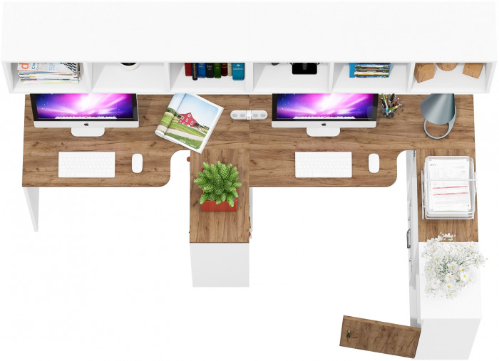 Лидер-8 Стол + Полка + Стол + Полка + Тумба МД 3.19, цвет белый шагрень/крафт золото, ШхГхВ 370х50/30х75 см. или 230х50/120х75 см., НЕ универс. сборка