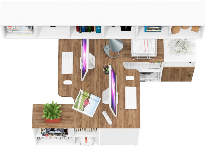 Лидер-8 Стол + Полка + Стол + Полка + Тумба МД 3.19, цвет белый шагрень/крафт золото, ШхГхВ 370х50/30х75 см. или 230х50/120х75 см., НЕ универс. сборка