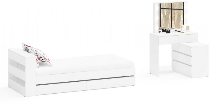 Ксения Кровать с ящиками 0900 + Стол косметический с подсветкой 110, белый
