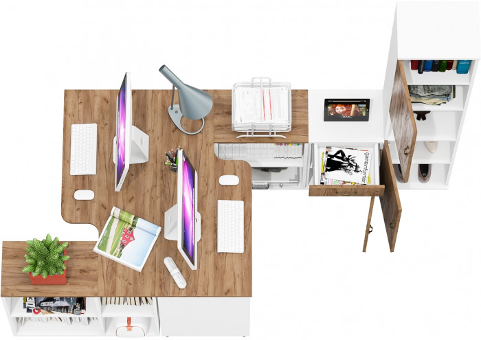 Лидер-8 Стол + Стол + Пенал + Тумба МД 3.15, цвет белый шагрень/крафт золото, ШхГхВ 410х50/30х75/190 см. или 230х50/160х75/190 см., НЕ универс. сборка