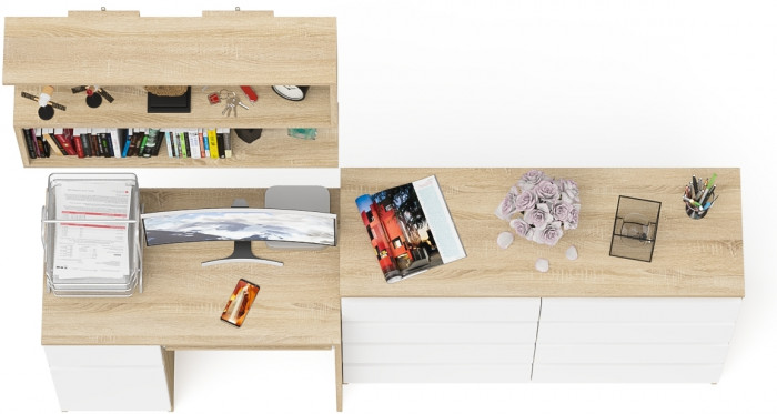 Мори Стол компьютерный МС-1 левый + Комод МК1200.8 + Полка 900, цвет дуб сонома/белый, ШхГхВ 210,4х50х209,6 см., НЕ универсальная сборка