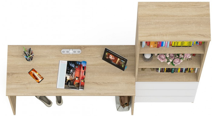 Мори Стол письменный МСП1200.1 + Стеллаж МСТ600.3, цвет дуб сонома/белый, ШхГхВ 180,8х50х179,6 см., универсальная сборка