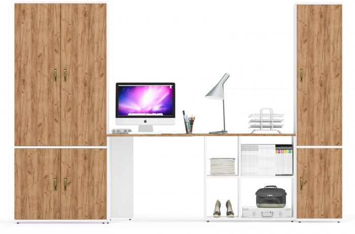 Лидер-8 Шкаф МД 19Б + Стол + Пенал 21Б, цвет белый шагрень/крафт золото, ШхГхВ 285х50/37,5х75/190 или 195х120х75/190 см., НЕ ун.сб.