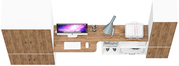 Лидер-8 Шкаф МД 19Б + Стол + Пенал 21Б, цвет белый шагрень/крафт золото, ШхГхВ 285х50/37,5х75/190 или 195х120х75/190 см., НЕ ун.сб.