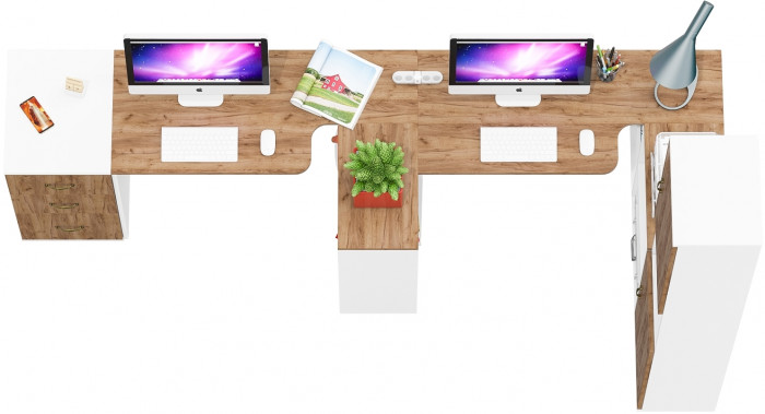 Лидер-8 Стол + Стол + Пенал + Тумба МД 3.16, цвет белый шагрень/крафт золото, ШхГхВ 410х50/30х75/190 см. или 230х50/160х75/190 см., НЕ универс. сборка