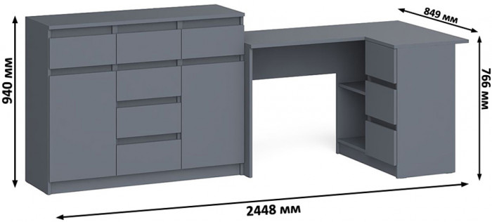 Мори Стол компьютерный МС-16 правый + Комод МК1200.4, цвет графит, ШхГхВ 244,8х84,9х94 см., выдвижные ящики справа, НЕ универсальная сборка