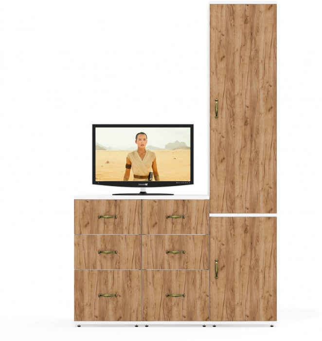 Лидер-8 Пенал МД 23Б + Тумба МД 3.16 + Тумба МД 3.16, цвет белый шагрень/крафт золото, ШхГхВ 120х50х190 см., универсальная сборка