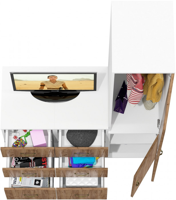 Лидер-8 Пенал МД 23Б + Тумба МД 3.16 + Тумба МД 3.16, цвет белый шагрень/крафт золото, ШхГхВ 120х50х190 см., универсальная сборка