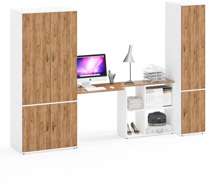 Лидер-8 Шкаф МД 19Б + Стол + Пенал 23Б, цвет белый шагрень/крафт золото, ШхГхВ 285х50/37,5х75/190 или 195х120х75/190 см., НЕ ун.сб.