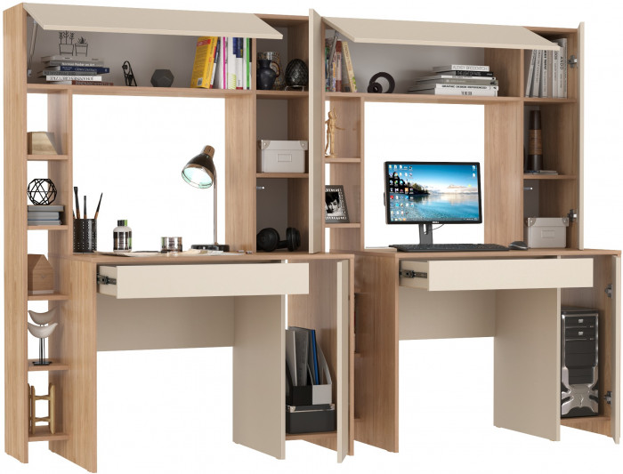 Стол компьютерный Комфорт 12.71 + Стол компьютерный Комфорт 12.71, цвет гикори рокфорд натуральный/сатин, ШхГхВ 233,4х60,2х165,4 см., НЕ ун. сборка