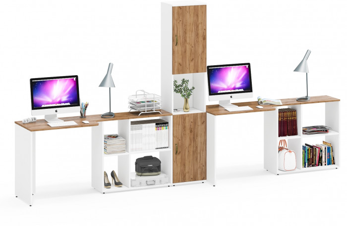 Лидер-8 Стол + Стол + Пенал, цвет белый шагрень/крафт золото, ШхГхВ 370х50/30х75/190 см. или 230х50/120х75/190 см., НЕ универсальная сборка