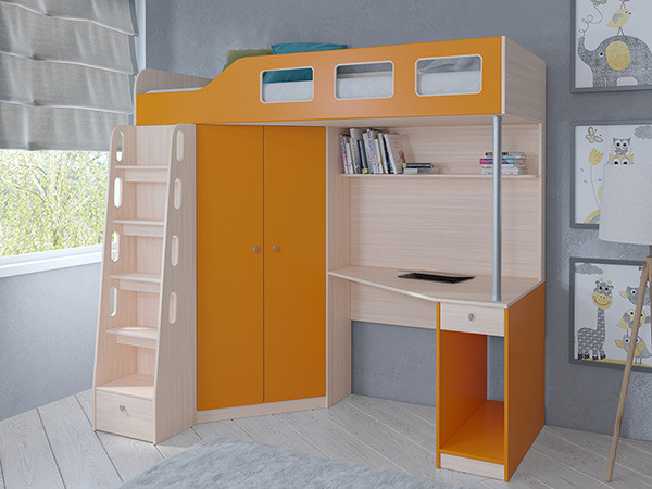 Кровать чердак Астра 7 Дуб молочный/Оранжевый