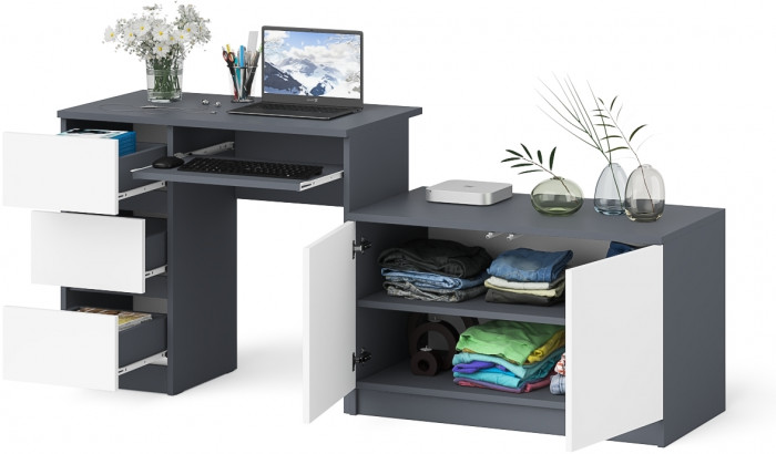 Мори Стол компьютерный МС-6 левый + Тумба МА900.1, цвет графит/белый, ШхГхВ 180,4х50,4х76,6 см., выдвижные ящики слева, НЕ универсальная сборка