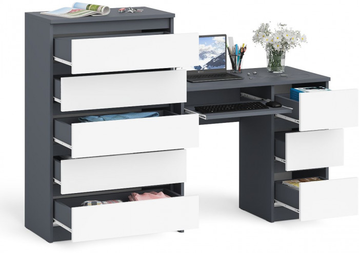 Мори Стол компьютерный МС-6 правый + Комод МК700.5, цвет графит/белый, ШхГхВ 160,4х50х114 см., выдвижные ящики справа, НЕ универсальная сборка