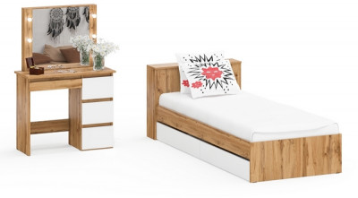 Ксения Кровать с ящиками 0900 + Стол косметический с подсветкой Сура, дуб вотан/белый