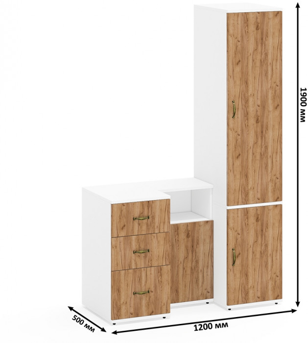 Лидер-8 Пенал МД 23Б + Тумба МД 3.16 + Тумба МД 3.19, цвет белый шагрень/крафт золото, ШхГхВ 120х50х190 см., универсальная сборка
