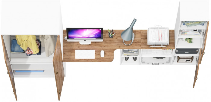 Лидер-8 Шкаф МД 19Б + Стол + Пенал, цвет белый шагрень/крафт золото, ШхГхВ 285х50/37,5х75/190 или 195х120х75/190 см., НЕ универсальная сборка