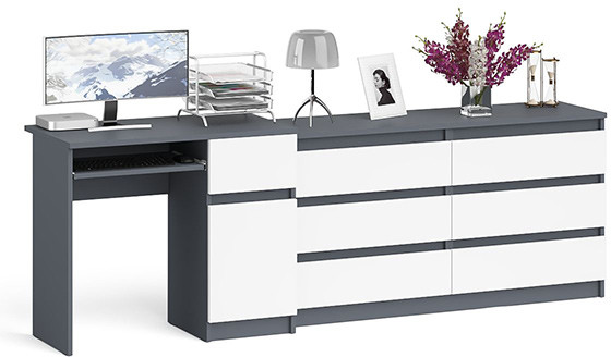 Мори Стол компьютерный МС-1 правый + Комод МК1380.6, цвет графит/белый, ШхГхВ 228х50х76,6 см., выдвижной ящик справа, НЕ универсальная сборка