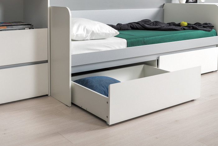 Торонто 11.39 Кровать + 16.475 Полка + 13.321 Комод, цвет белый шагрень/стальной серый, ШхГхВ 274х84,4х150 см., сп. м. 800х1900 мм, б/м, основан. есть