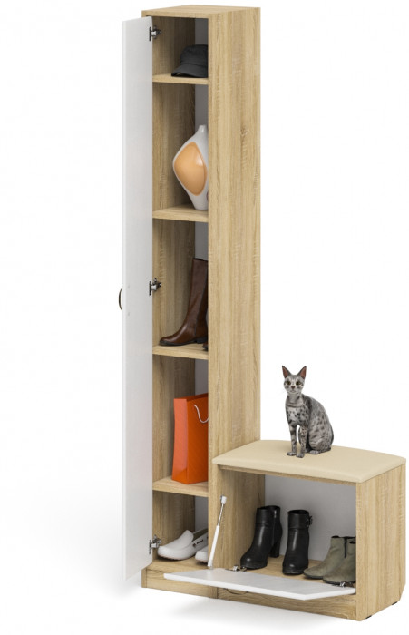 Прихожая П-6 Компоновка № 19, цвет дуб сонома/фасады МДФ белое дерево фрезеровка ромб, ШхГхВ 90х35х210 см., универсальная сборка