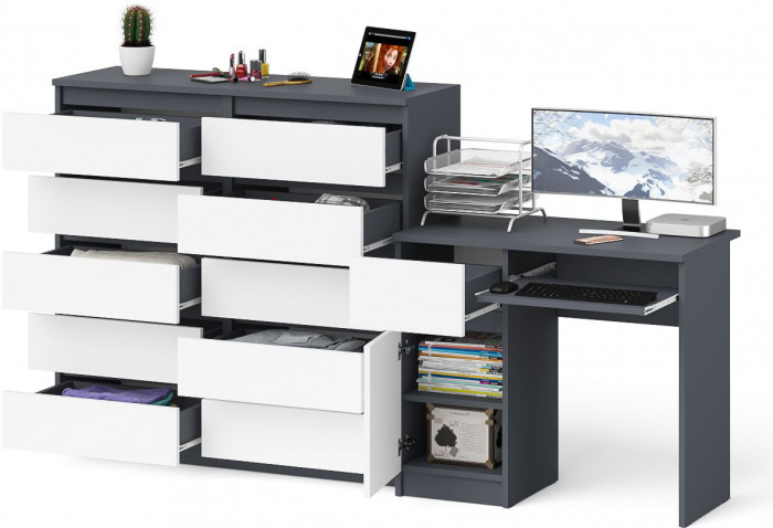 Мори компьютерный стол МС-1 левый + Комод МК1200.10, графит/белый