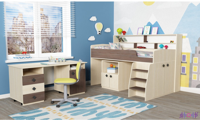 Кровать-чердак Малыш 5 (Белое дерево/Венге)