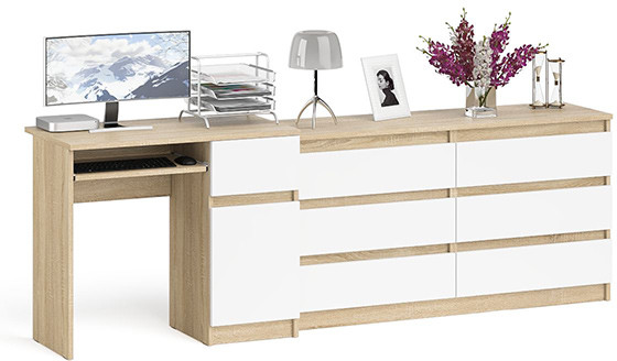 Мори Стол компьютерный МС-1 правый + Комод МК1380.6, цвет дуб сонома/белый, ШхГхВ 228х50х76,6 см., выдвижной ящик справа, НЕ универсальная сборка