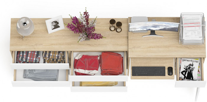 Мори Стол компьютерный МС-1 правый + Комод МК1380.6, цвет дуб сонома/белый, ШхГхВ 228х50х76,6 см., выдвижной ящик справа, НЕ универсальная сборка