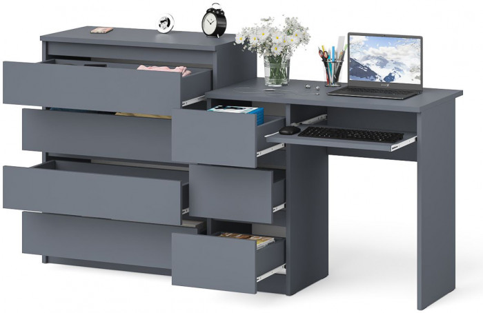 Мори Стол компьютерный МС-6 левый + Комод МК800.4, цвет графит, ШхГхВ 170,4х50х94 см., выдвижные ящики слева, НЕ универсальная сборка
