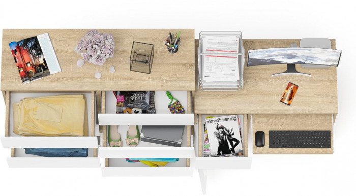 Мори Стол компьютерный МС-1 левый + Комод МК1200.8, цвет дуб сонома/белый, ШхГхВ 210,4х50х94 см., выдвижной ящик слева, НЕ универсальная сборка