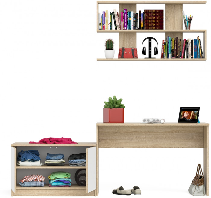 Мори Стол письменный МСП1200.1 + Тумба МА900.1 + Полка 1200, цвет дуб сонома/белый, ШхГхВ 210,8х50,4х209,6 см., универсальная сборка