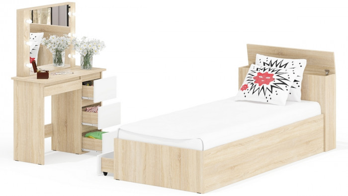 Ксения Кровать с ящиками 0900 + Стол косметический с подсветкой Сура, дуб сонома/белый