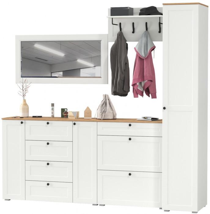 Остин Прихожая 57, цвет белый шагрень/дуб крафт золотой, ШхГхВ 240х54,3х229,6 см., универсальная сборка