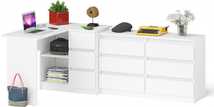 Мори Стол компьютерный МС-16 правый + Комод МК1200.6, цвет белый, ШхГхВ 244,8х84,9х76,6 см., выдвижные ящики справа, НЕ универсальная сборка