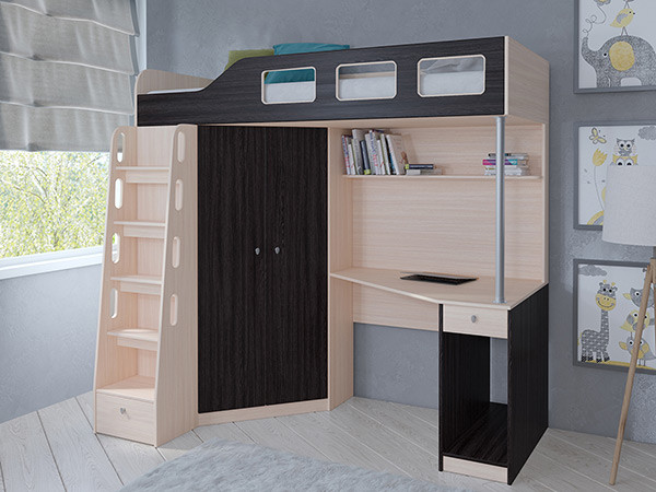 Кровать чердак Астра 7 Дуб молочный/Венге