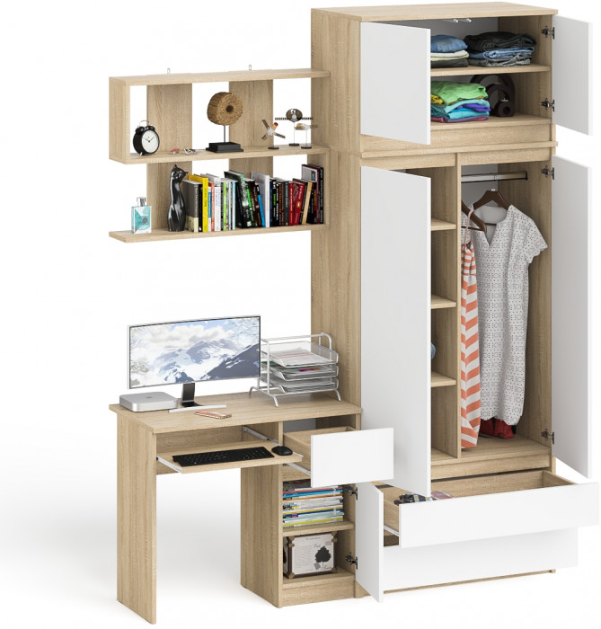 Мори компьютерный стол МС-1 правый + Шкаф МШ900.1 + Антресоль МА900.1 + Полка 900, дуб сонома/белый