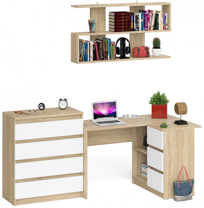 Мори компьютерный стол МС-16 правый + Комод МК800.4 + Полка 1200, дуб сонома/белый