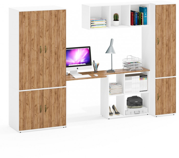 Лидер-8 Шкаф МД 19Б + Стол + Полка + Пенал 23Б, цвет белый шагрень/крафт золото, ШхГхВ 285х50/37,5х75/190 или 195х120х75/190 см., НЕ ун.сб.