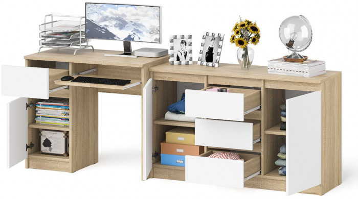 Мори Стол компьютерный МС-1 левый + Комод МК1200.3, цвет дуб сонома/белый, ШхГхВ 210,4х50х76,6 см., выдвижной ящик слева, НЕ универсальная сборка