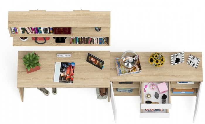 Мори Стол письменный МСП1200.1 + Комод МК1200.3 + Полка 1200, цвет дуб сонома/белый, ШхГхВ 240,8х50х209,6 см., универсальная сборка