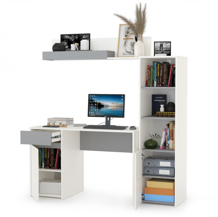 Торонто 12.149 Стол + 13.13 Шкаф комбинированный + 16.475 Полка, цвет белый шагрень/стальной серый, ШхГхВ 160х53,1х174 см., универсальная сборка