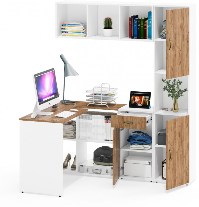 Лидер-8 Стол + Полка + Тумба МД 3.15 + Пенал, цвет белый шагрень/крафт золото, ШхГхВ 370х50/30х75/190 или 230х50/120х75/190  см., НЕ универс. сб.