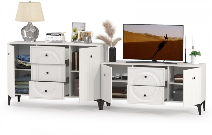 Валенсия Спальня 13.309 Комод + 16.45 Тумба под ТВ, ЛДСП белый шагрень/МДФ белый шагрень