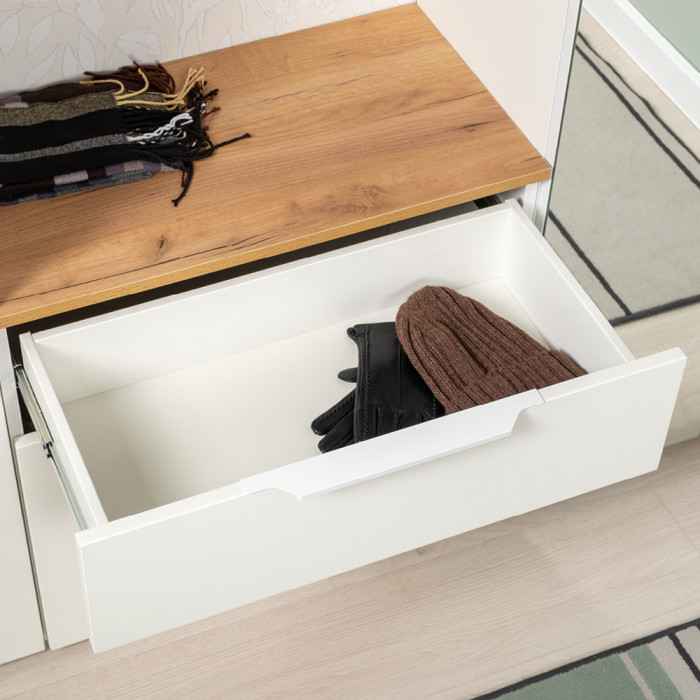 Октава Прихожая 11, цвет белый шагрень/дуб крафт золотой/фасады МДФ белый шагрень, ШхГхВ 129,3х35,4х197,6 см., универсальная сборка